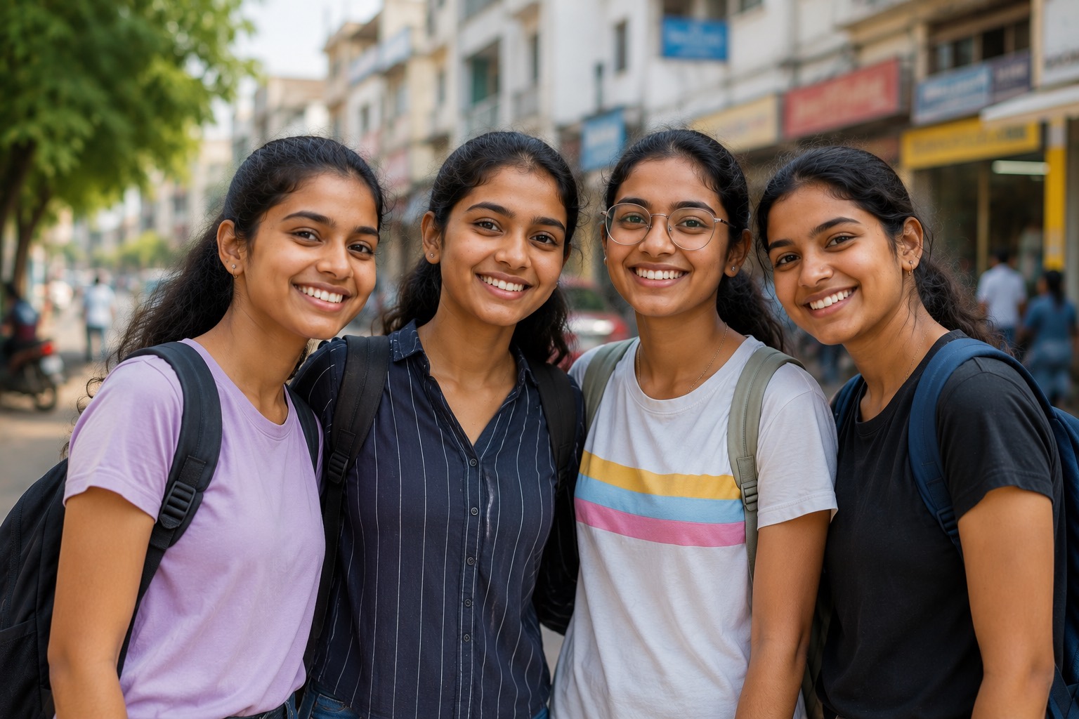 Four smiling young women standing together on a street